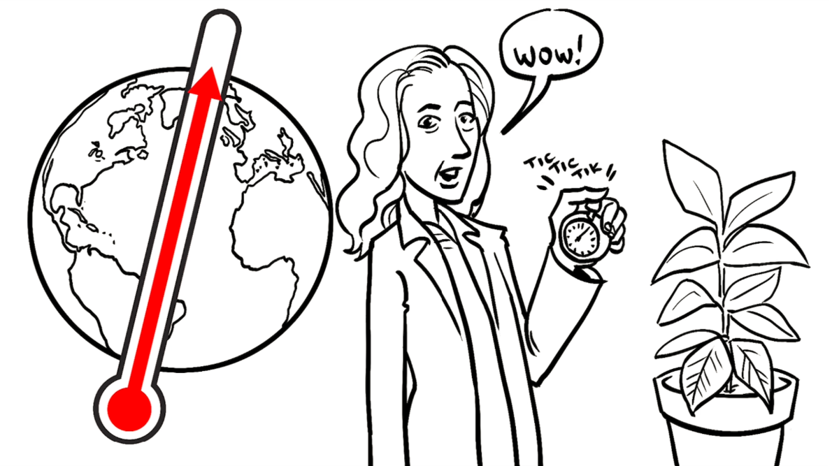 a picture of the globe with a thermometer showing rising temperatures, a plant, and an impressed scientist